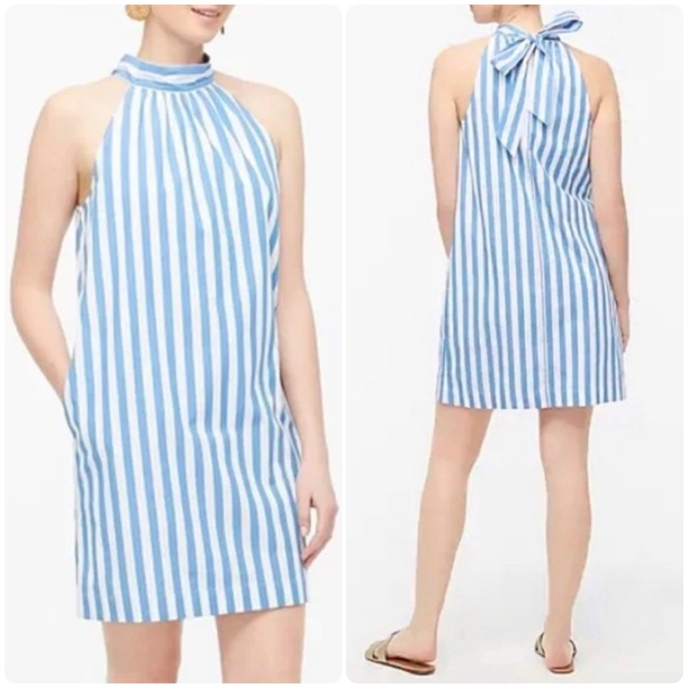 J.Crew Tie-neck Cotton Mini Shift Dress Borges Stripe Ocean White